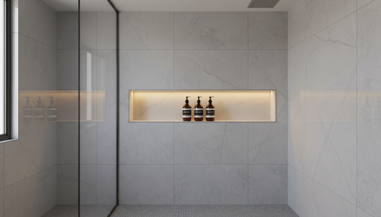 Luxury horizontal shower niche with integrated lighting in a large-format tiled walk-in shower